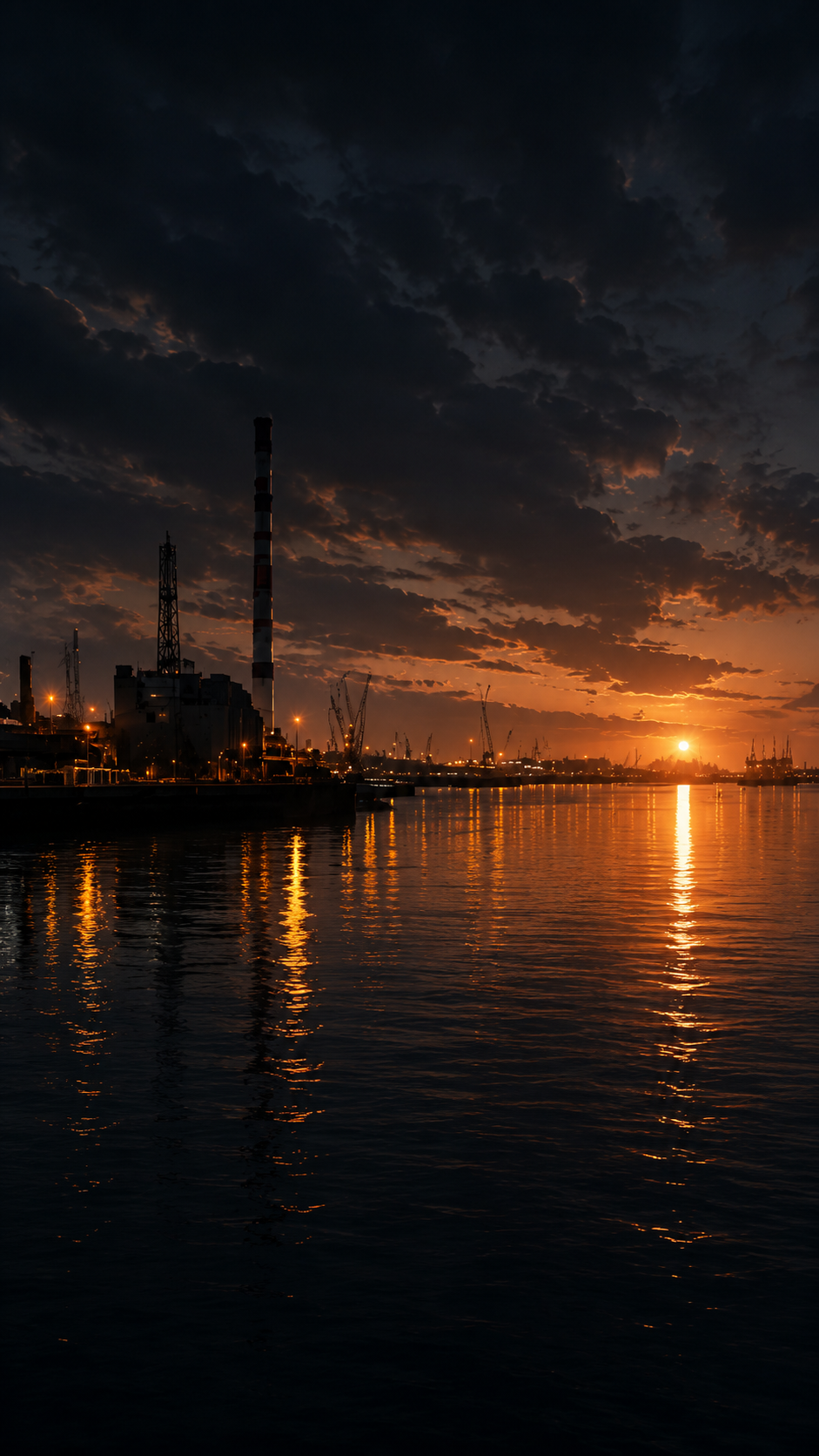 Industrial harbor at dusk, silhouetted smokestacks against a glowing amber sunset over dark water